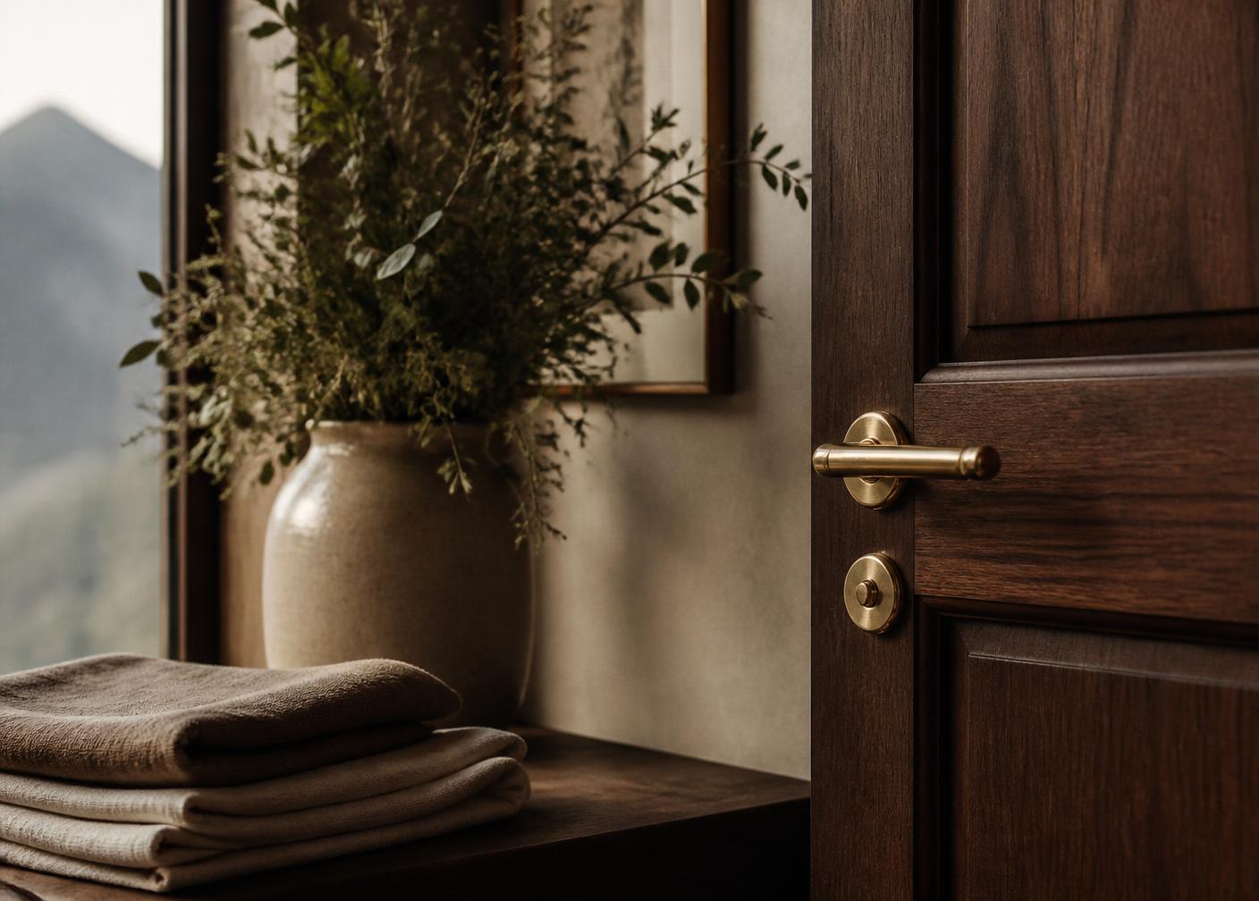 Refined details inside an Aspen home — linens, brass hardware, fresh greenery