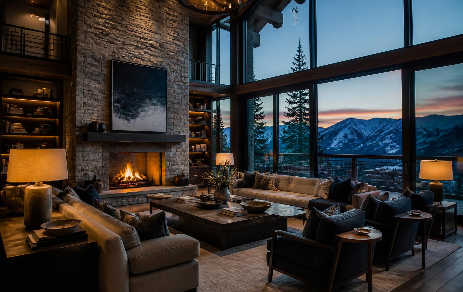 Great room of an Aspen estate at dusk